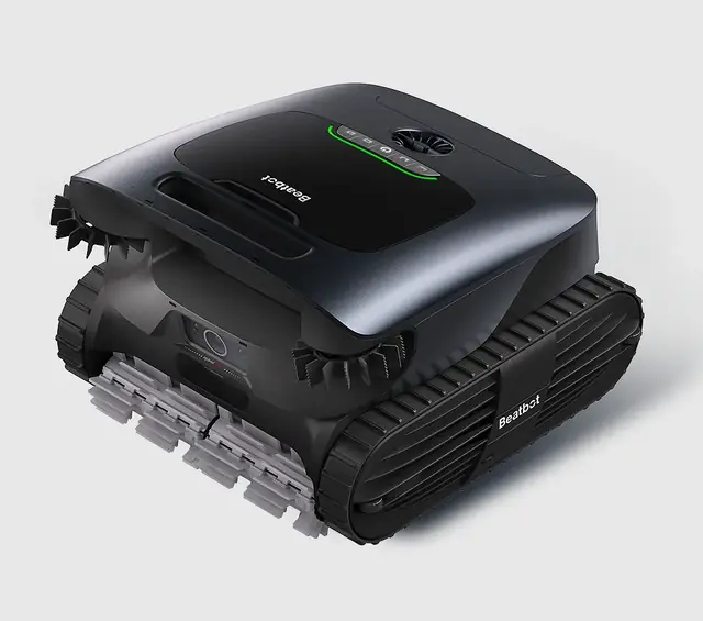 Beatbot AquaSense 2 Ultra cordless robotic pool cleaner in dark blue, front three-quarter studio view showing the camera window and side brushes