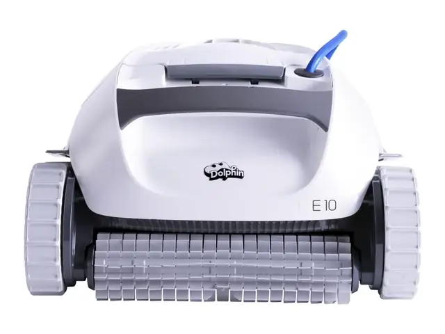 Dolphin E10 above-ground robotic pool cleaner in white and grey, studio front view