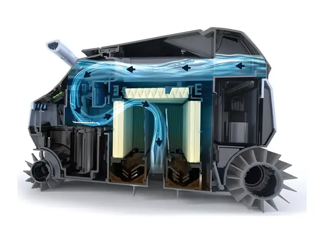 Cutaway view of the Dolphin EON 120d showing water flowing through its internal filter baskets and pump