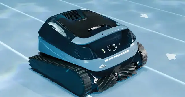 Dolphin EON 120d cordless robot cleaning the floor of a bright blue pool