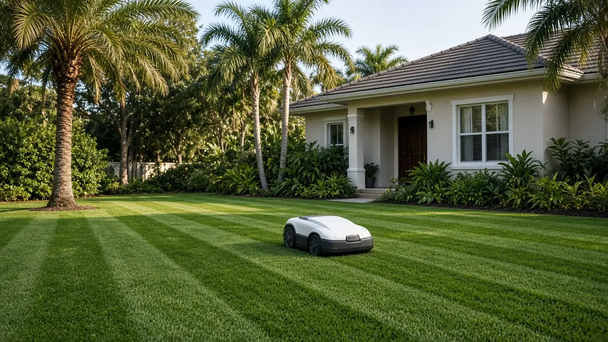A robot mower cutting stripes into a Florida lawn in front of a stucco home with palm trees