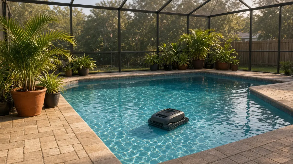 A robotic pool cleaner on the floor of a screened Florida pool at sunset