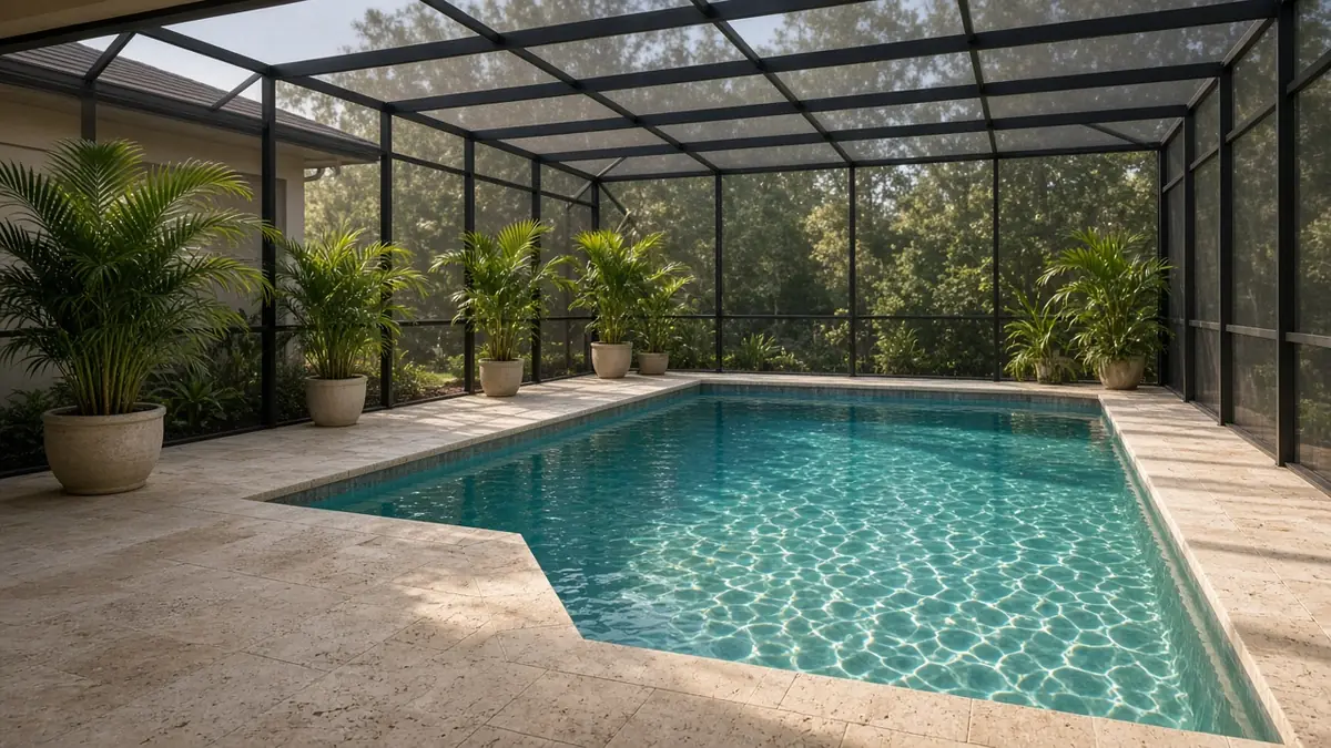 An empty screened Florida pool with clear water and potted palms